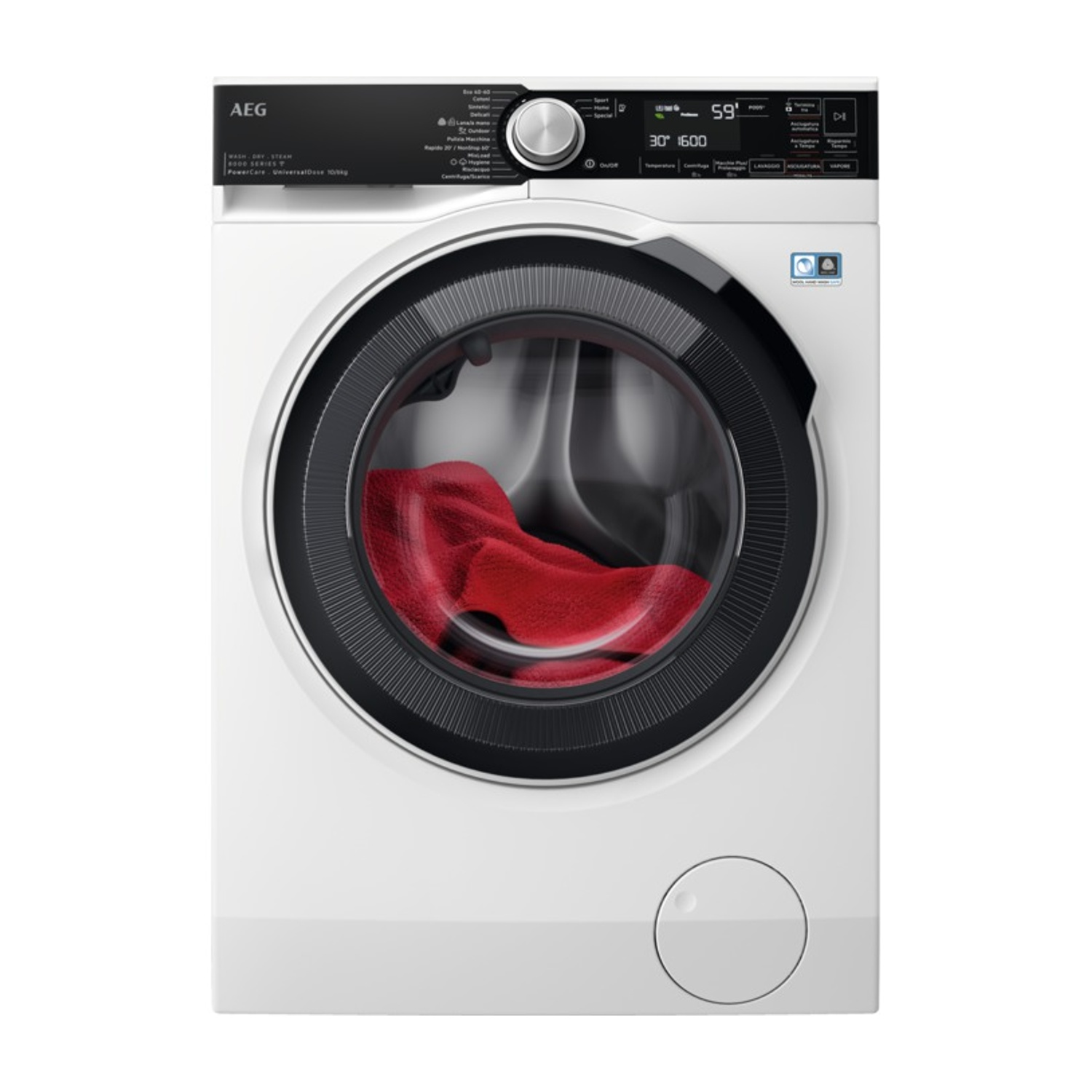 Lavatrice AEG bianca con tessuto rosso nel cestello e display digitale.