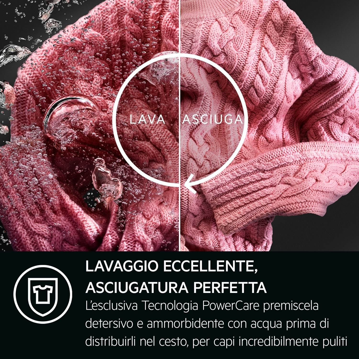 Un maglione rosa viene mostrato mentre viene lavato e asciugato, con testo.