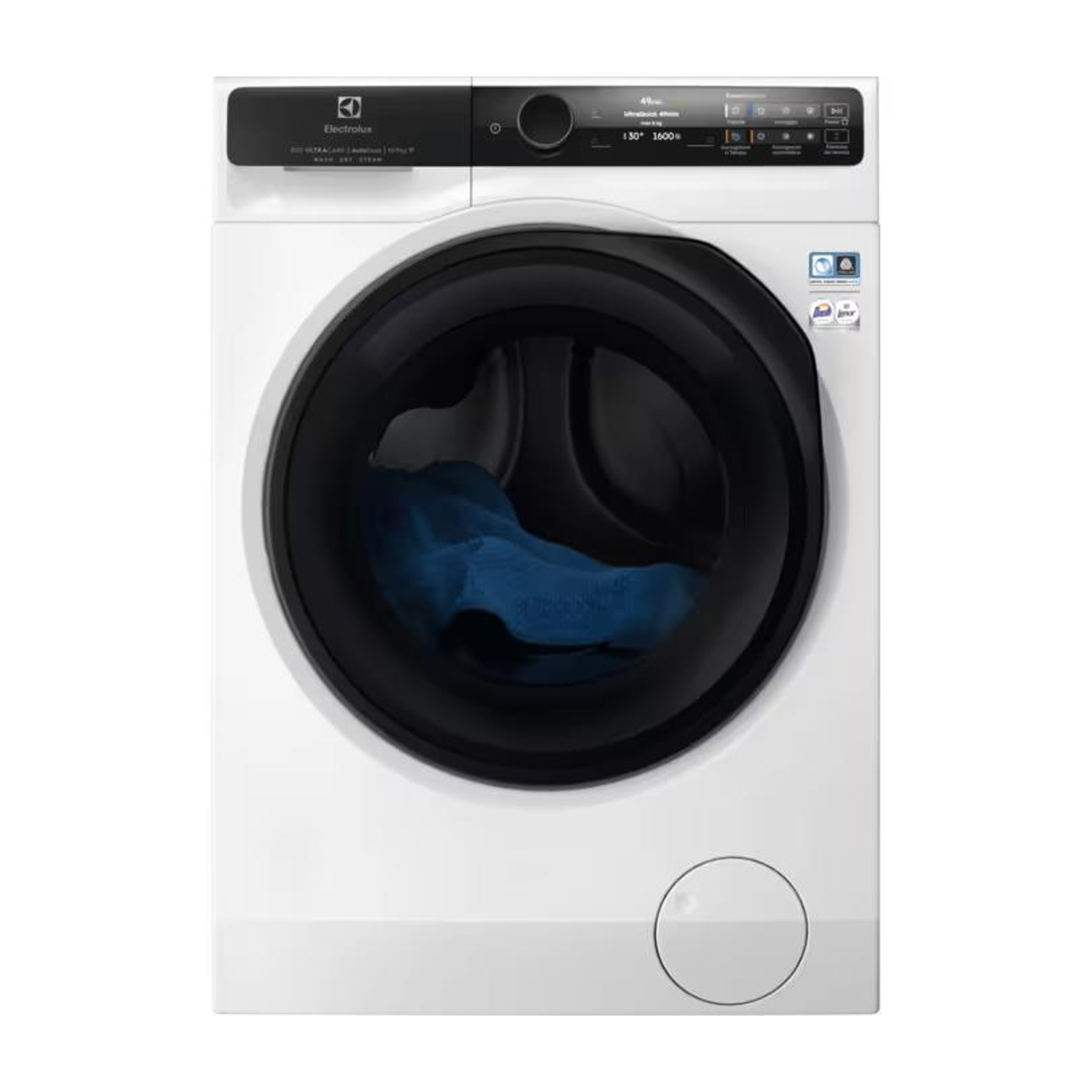 Una lavatrice Electrolux bianca con oblò nero e biancheria blu.