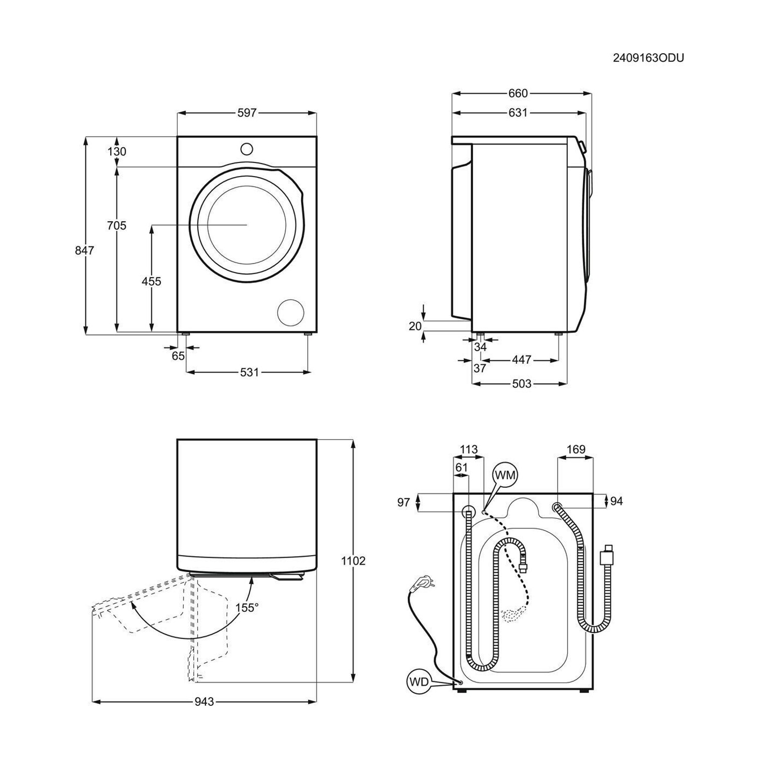 Disegno tecnico di una lavatrice con dimensioni e connessioni.
