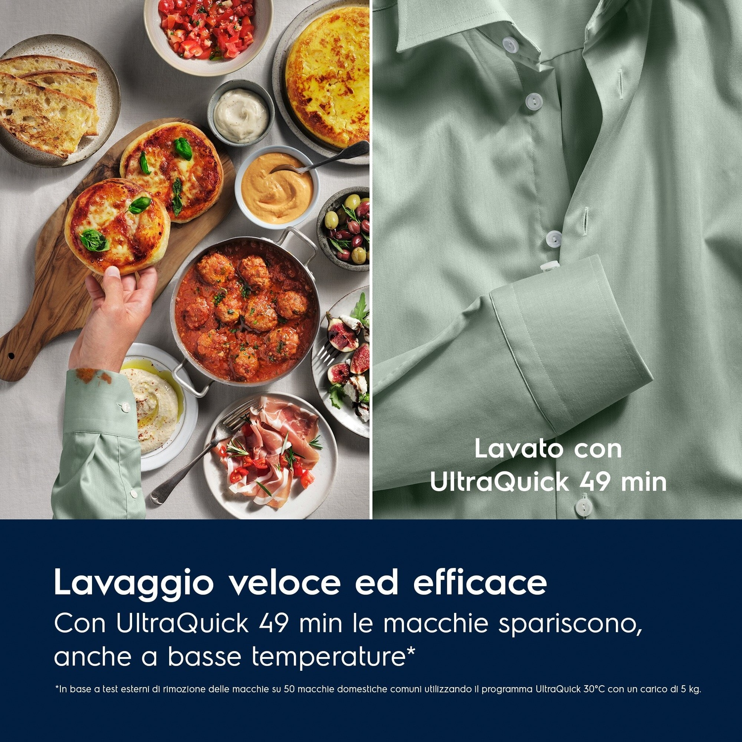 A sinistra cibi come mini pizze e polpette. A destra una camicia.