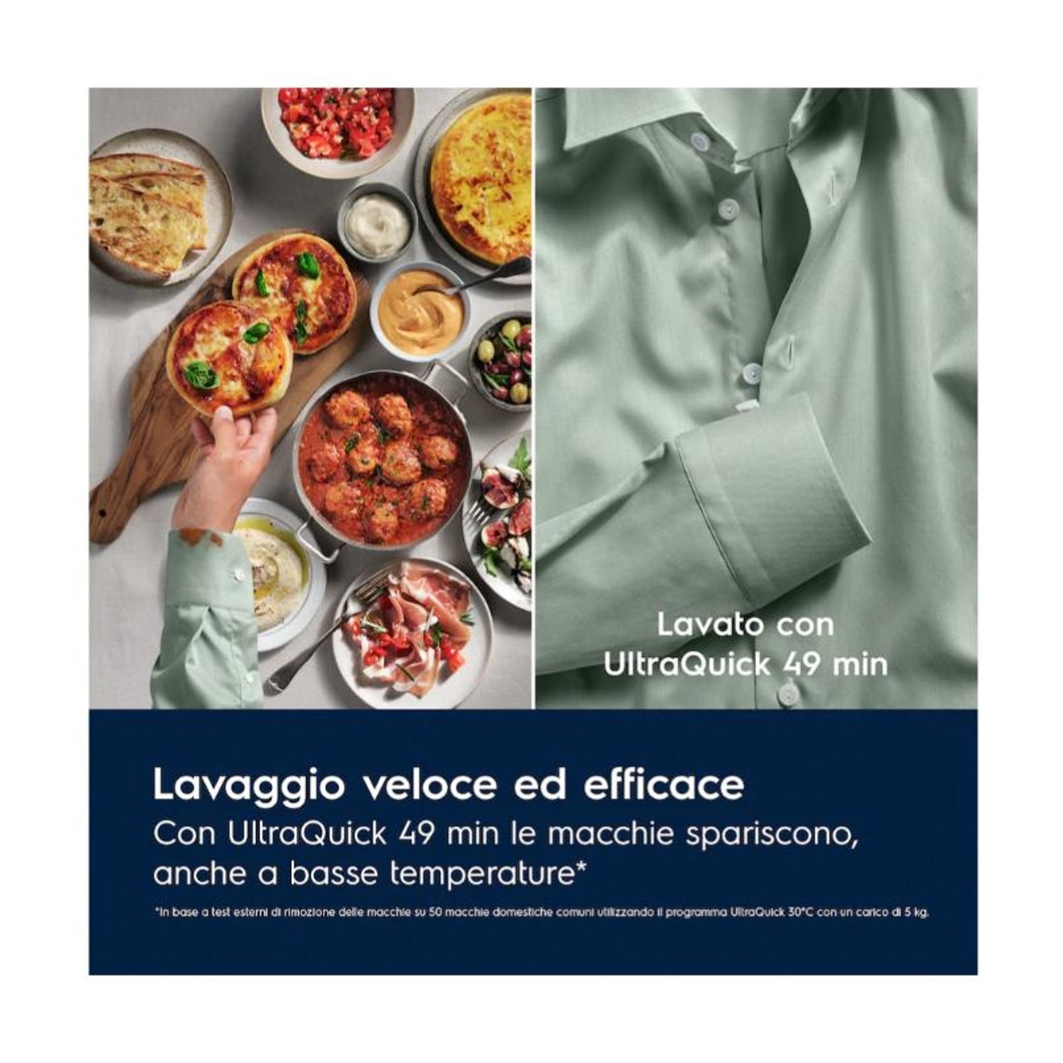 Vista divisa: cibo e camicia. Cibo a sinistra, camicia a destra.