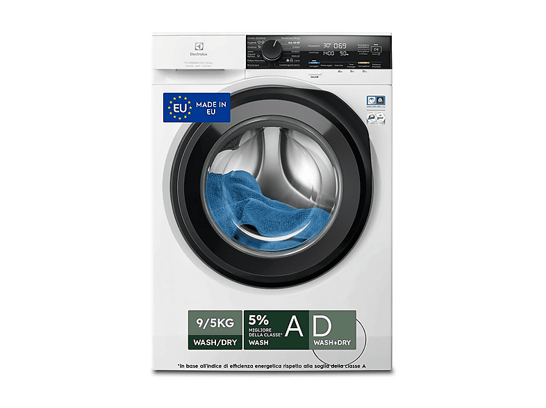 ELECTROLUX EW7W495G LAVASCIUGA, Caricamento frontale, capacità lavaggio 9 kg, asciugatura 5 14 programmi, Profondità 64,9 cm, Giri 1400 rpm, Bianco, Classe D