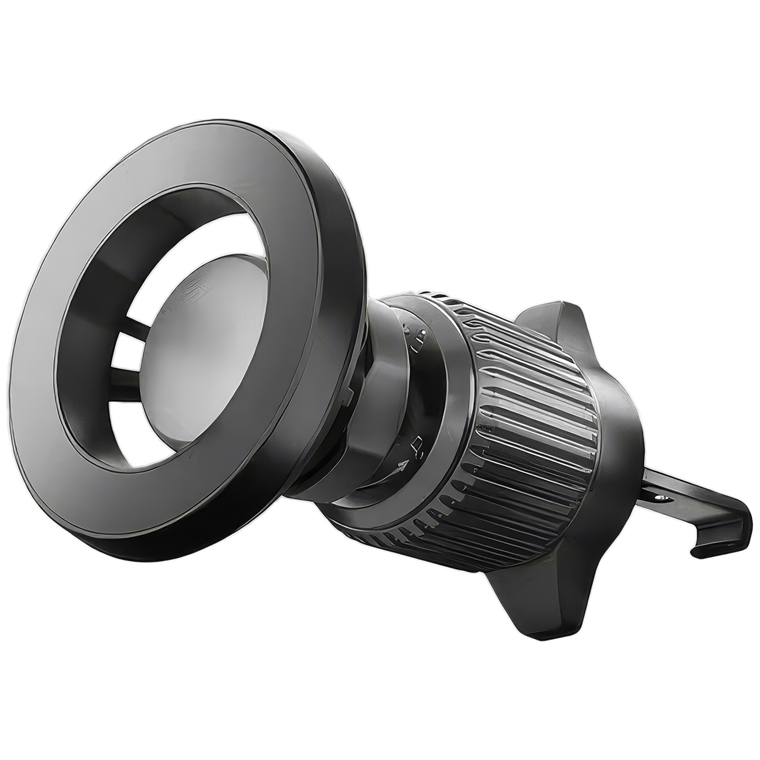 Een zwarte magnetische autohouder met ventilatieclip.