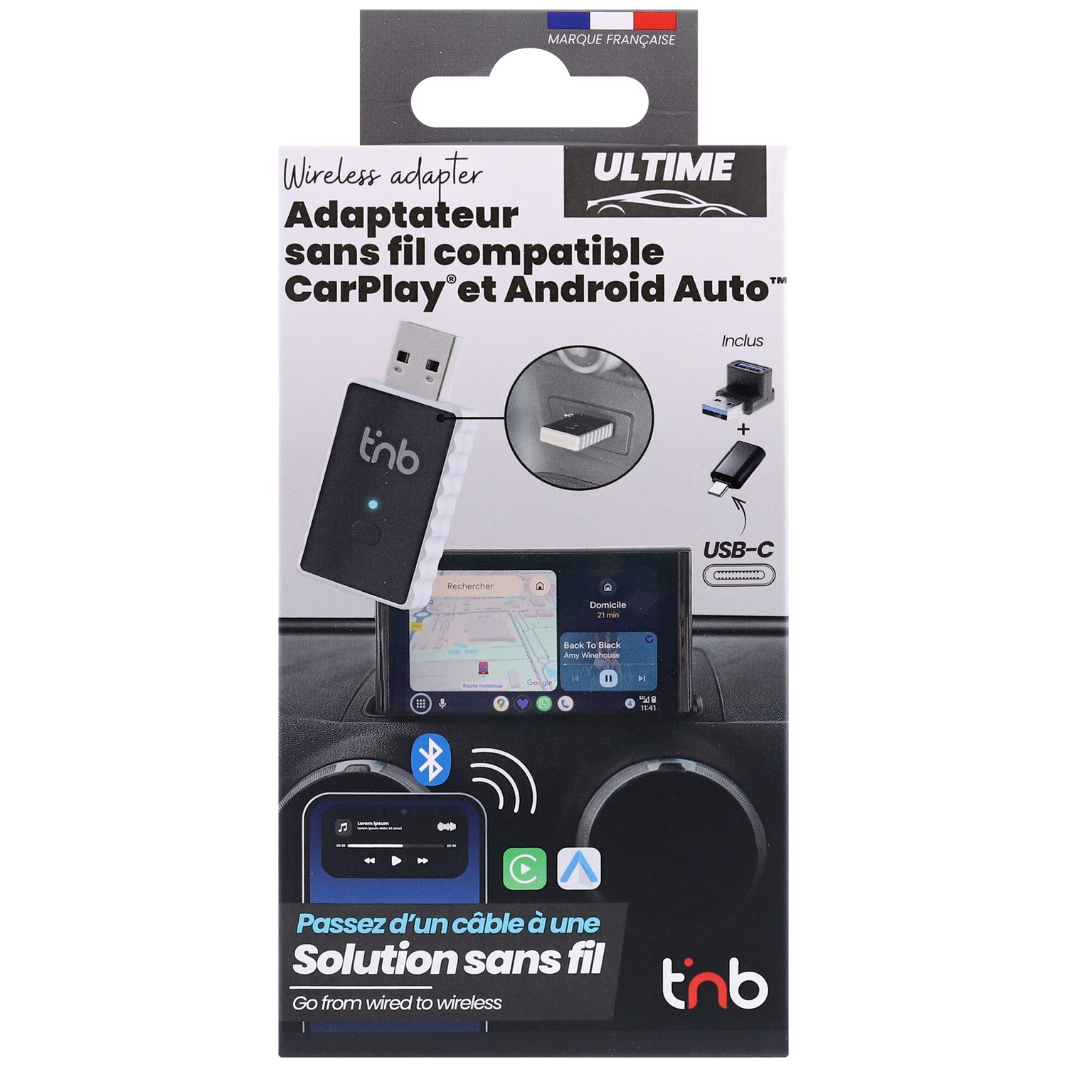 Doos voor een draadloze adapter voor CarPlay en Android Auto, toont apparaat, autoscherm en telefoon.