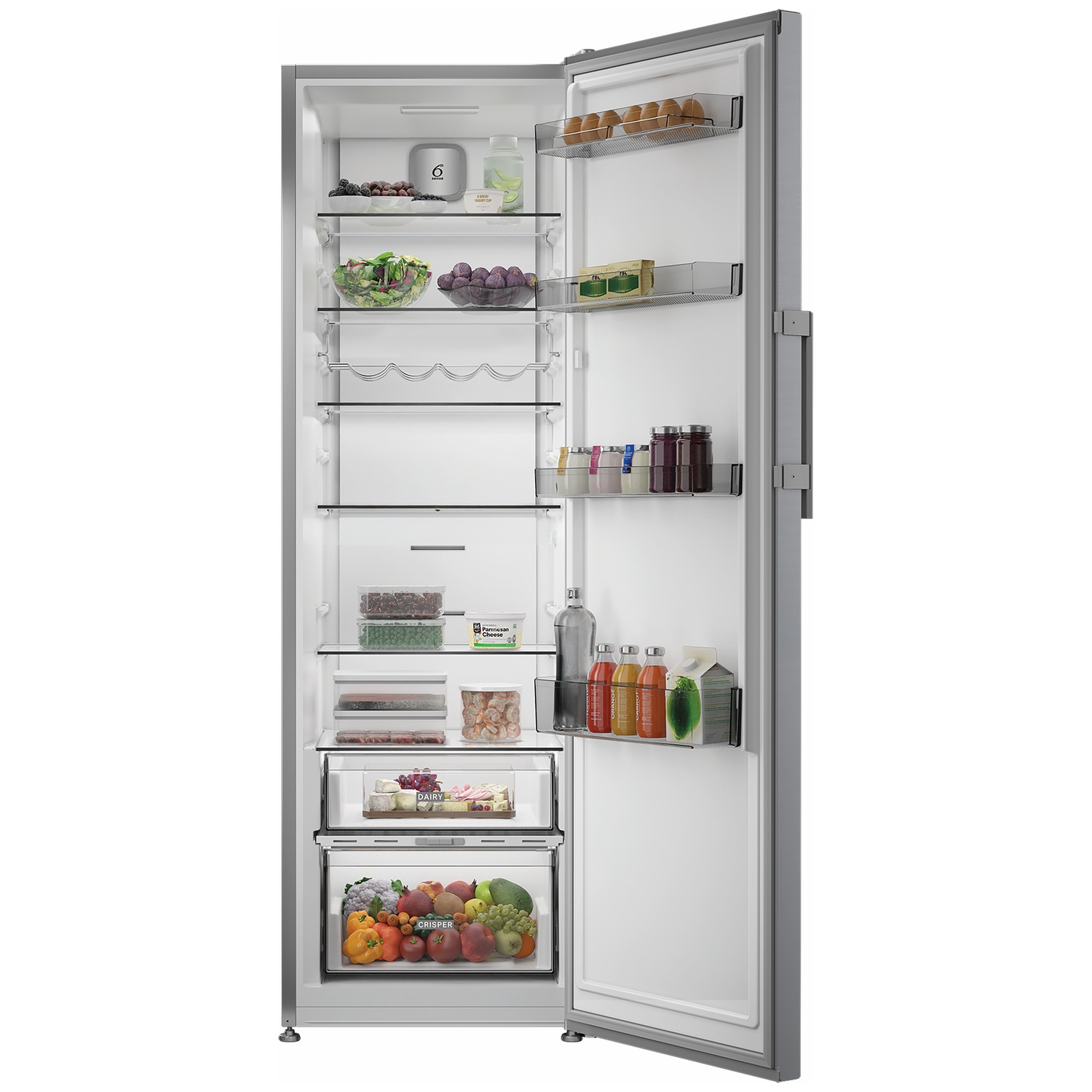 Réfrigérateur ouvert rempli de nourriture : œufs, fruits, légumes, boissons et produits laitiers.