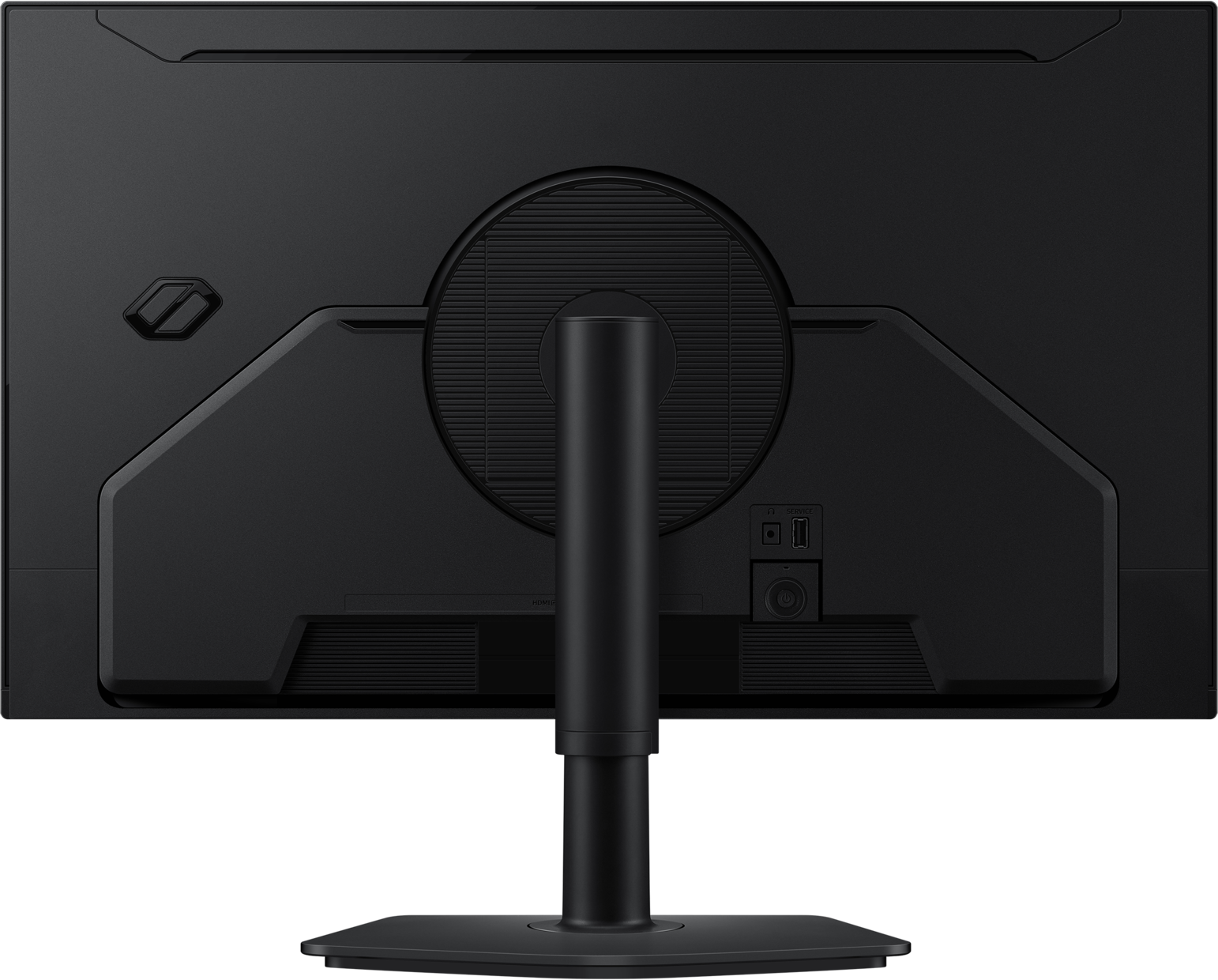 Arrière d'un moniteur noir avec support, ports et fentes de ventilation.
