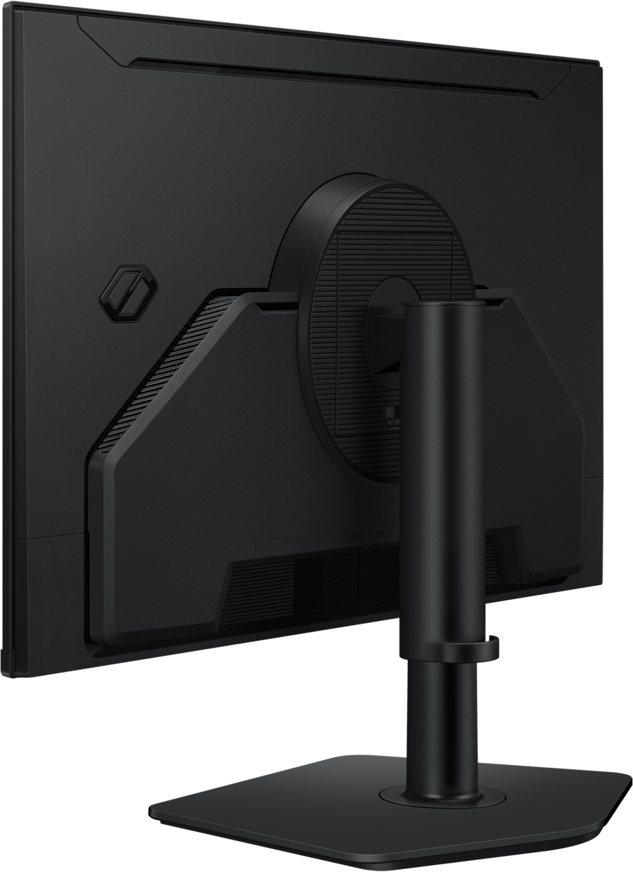 Vue arrière d'un moniteur noir sur pied, montrant les ports.