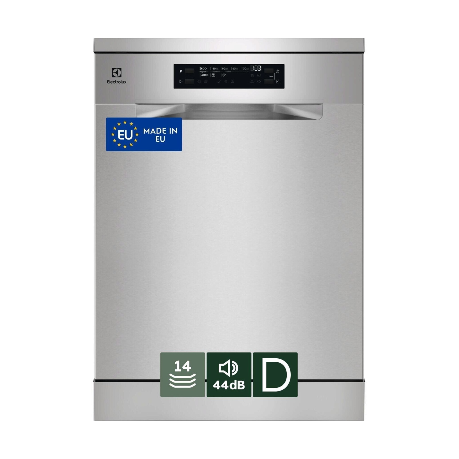Lavastoviglie Electrolux argento con etichetta UE, 14 coperti, 44dB, classe efficienza D.