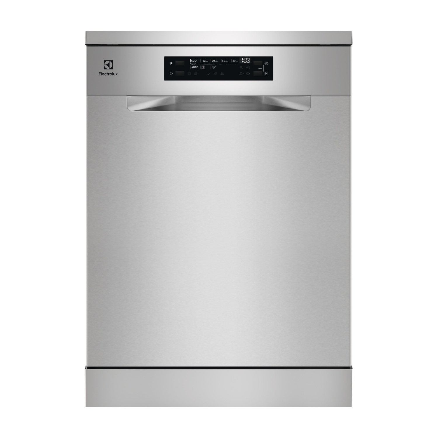 Una lavastoviglie Electrolux argentata con display digitale e controlli.