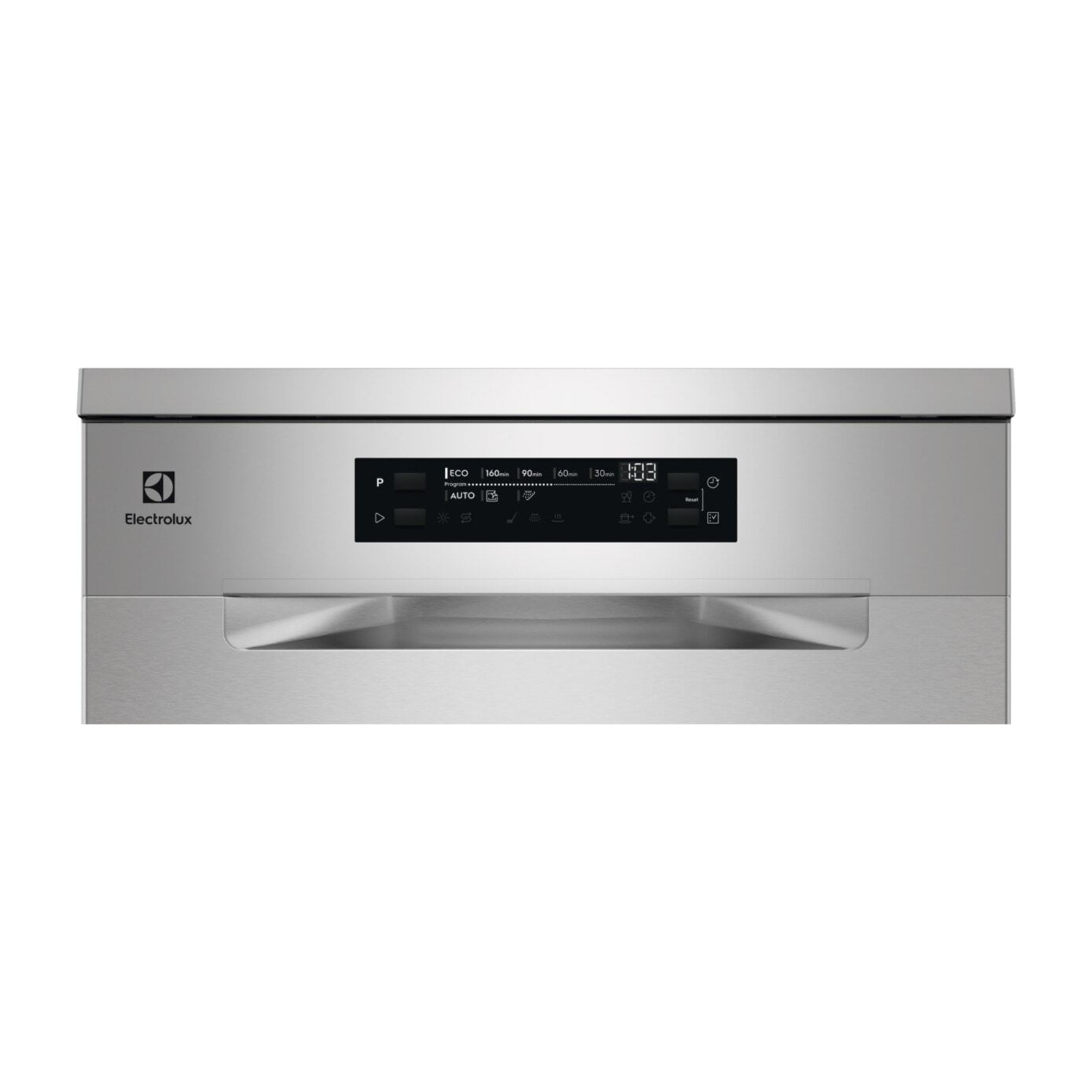 Frontale lavastoviglie in acciaio inox con display digitale e logo Electrolux.