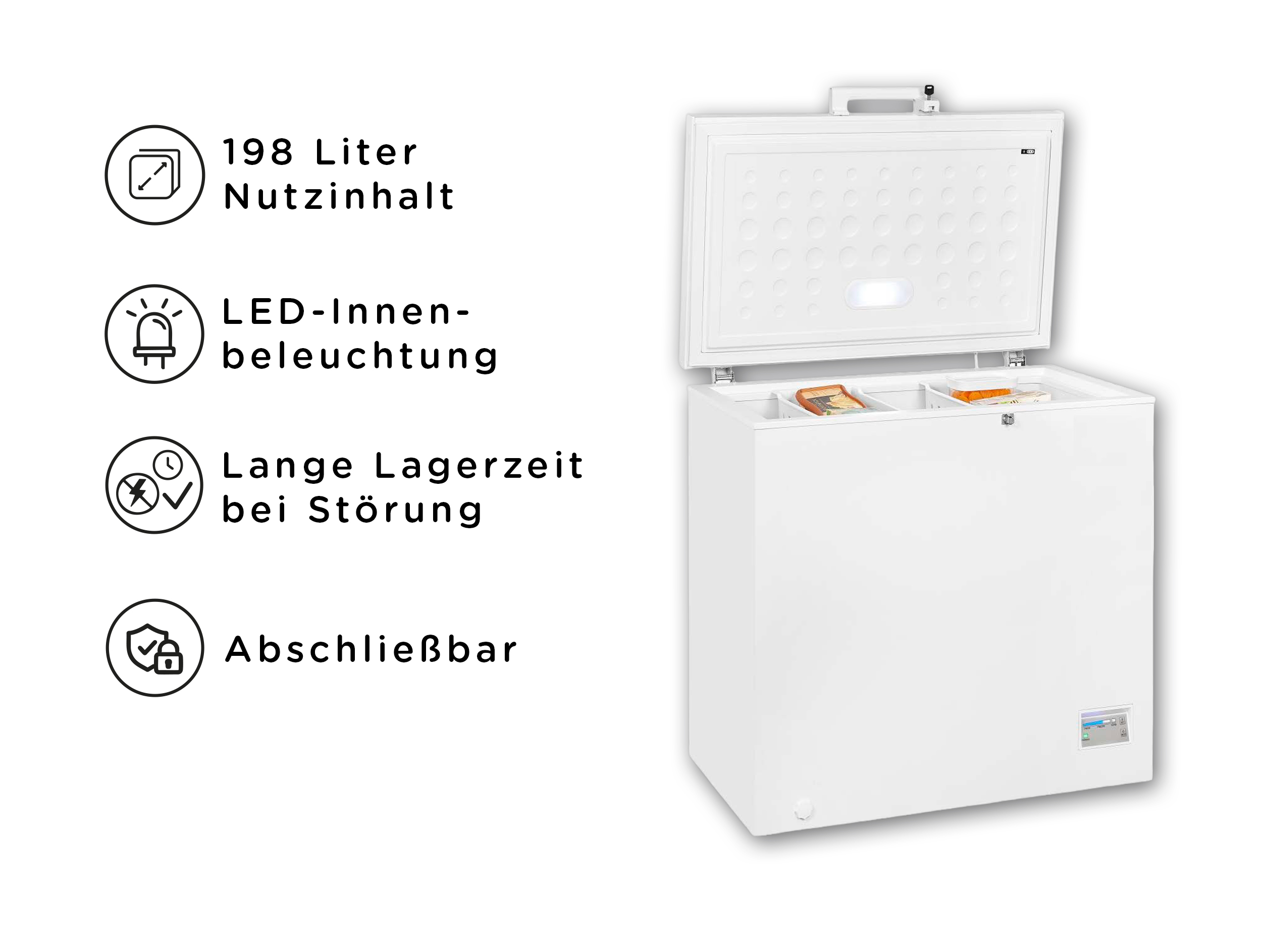 Ein weißer Gefrierschrank mit offenem Deckel zeigt Innenbeleuchtung und Lebensmittel.