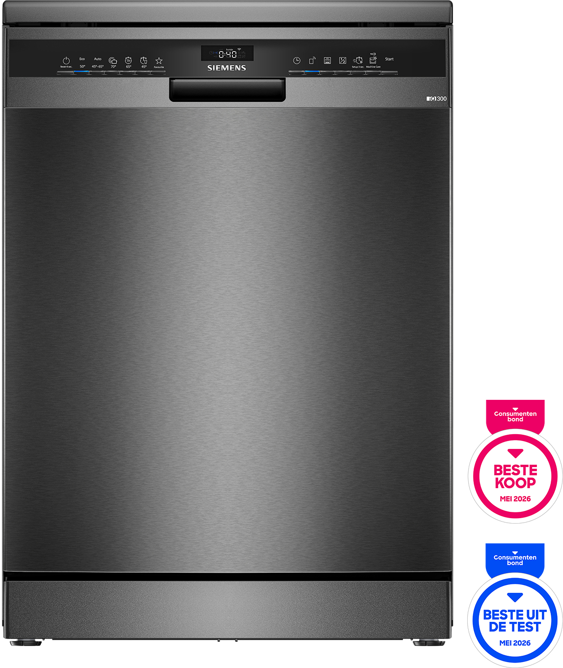 A dark Siemens dishwasher with control panel and 'Best Buy' and 'Best in Test' seals.