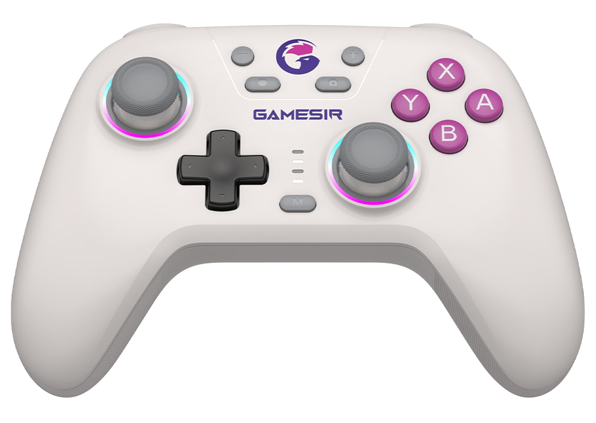 Biały kontroler do gier z szarymi joystickami, kolorowymi światłami i różowymi przyciskami.