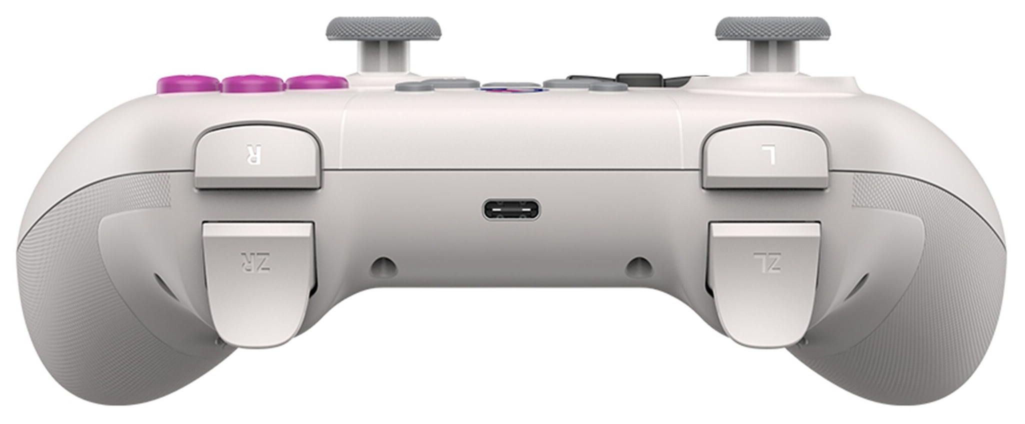Biały kontroler z szarymi joystickami, różowymi przyciskami i portem USB-C.