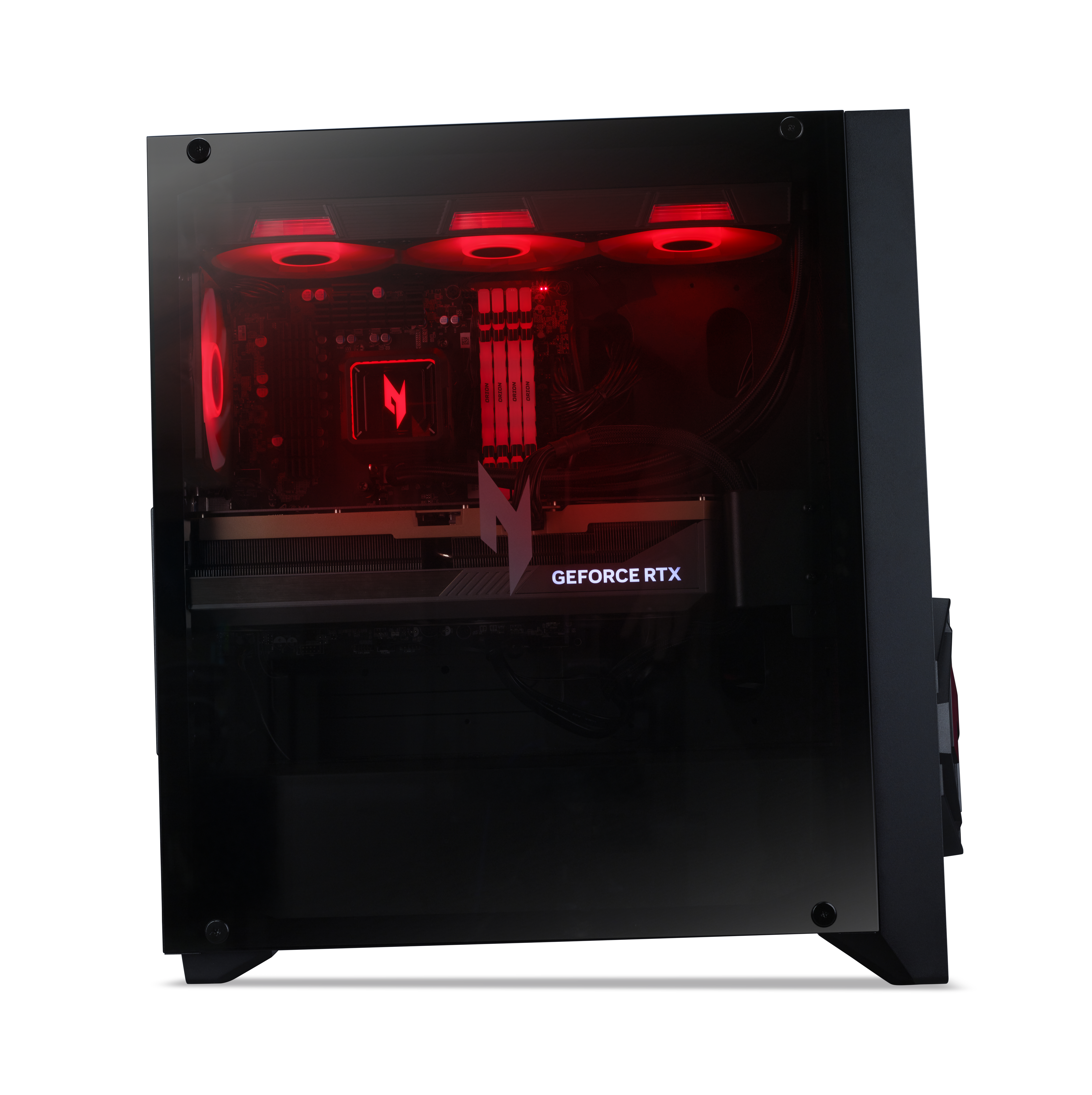 Schwarzes PC-Gehäuse mit roten Lüftern und RGB-Beleuchtung innen.