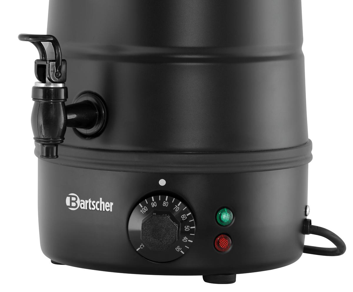 Schwarzer Wasserkocher mit Zapfhahn, Temperaturregler und Kontrollleuchten.
