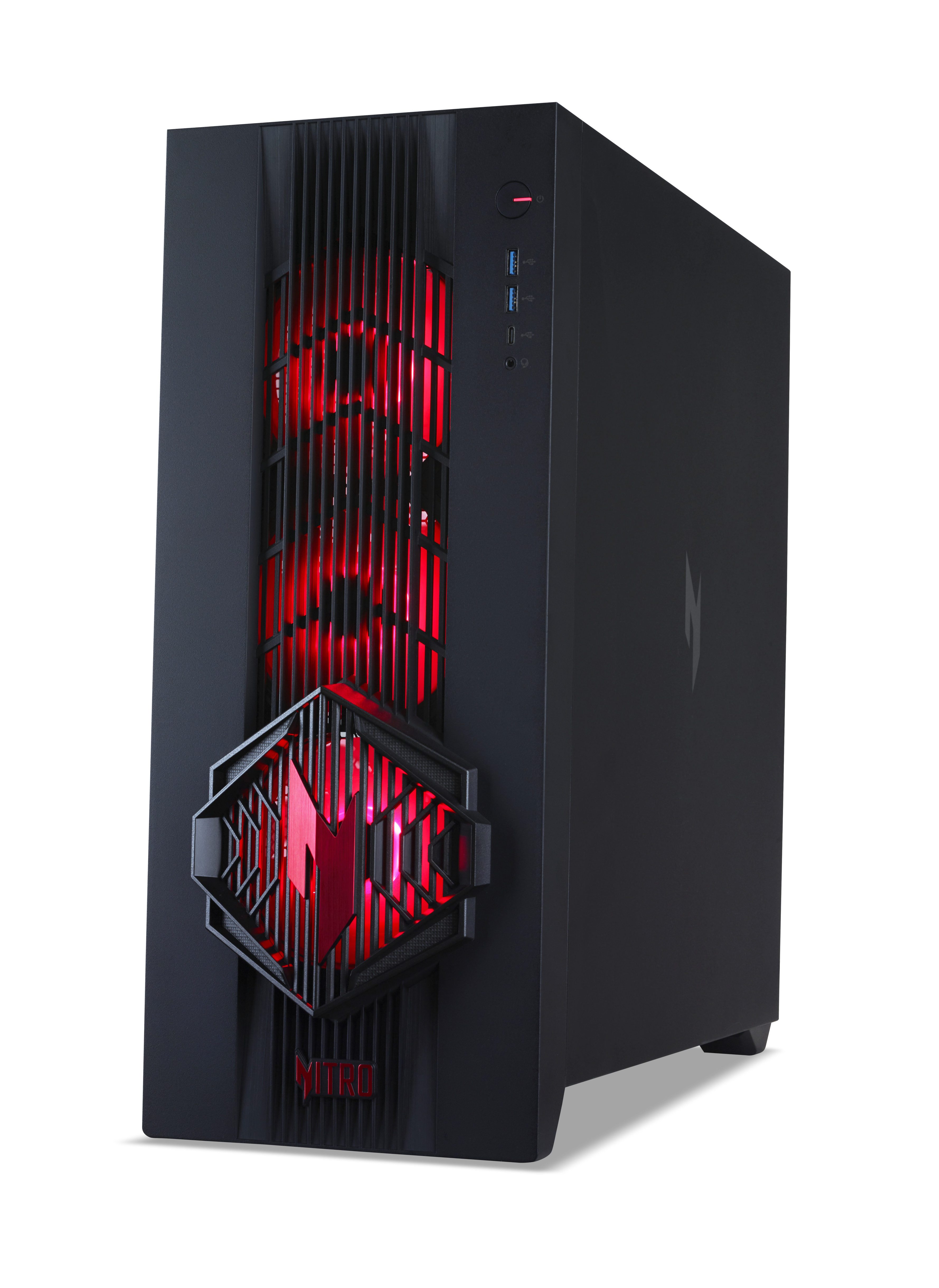 Schwarzer Gaming-PC mit roter LED-Beleuchtung, Lüftungsschlitzen und Anschlüssen.