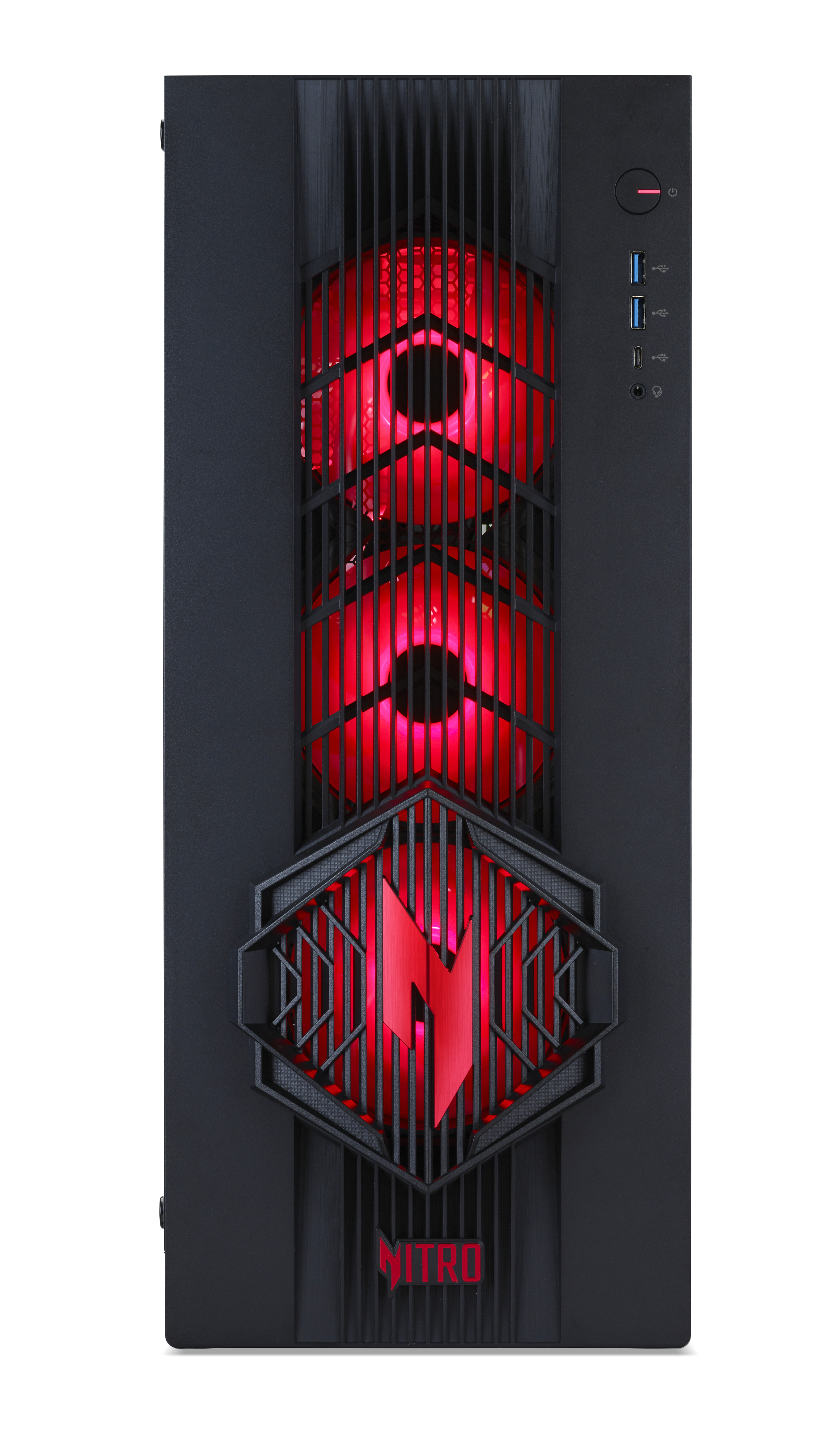 Schwarzes PC-Gehäuse mit roter LED-Beleuchtung und Lüftern.