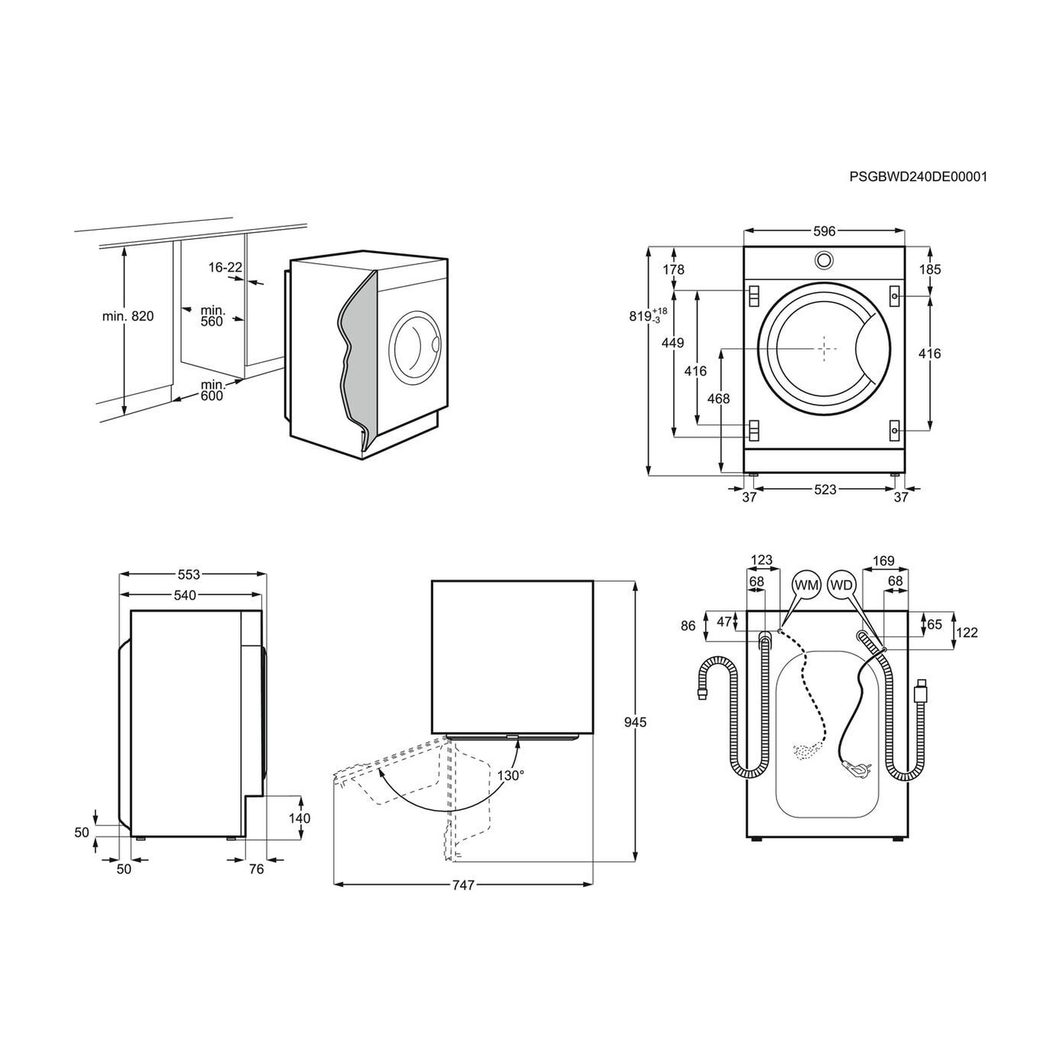 Disegni tecnici di una lavatrice con dimensioni. Viste frontale, laterale, dall'alto e apertura porta.