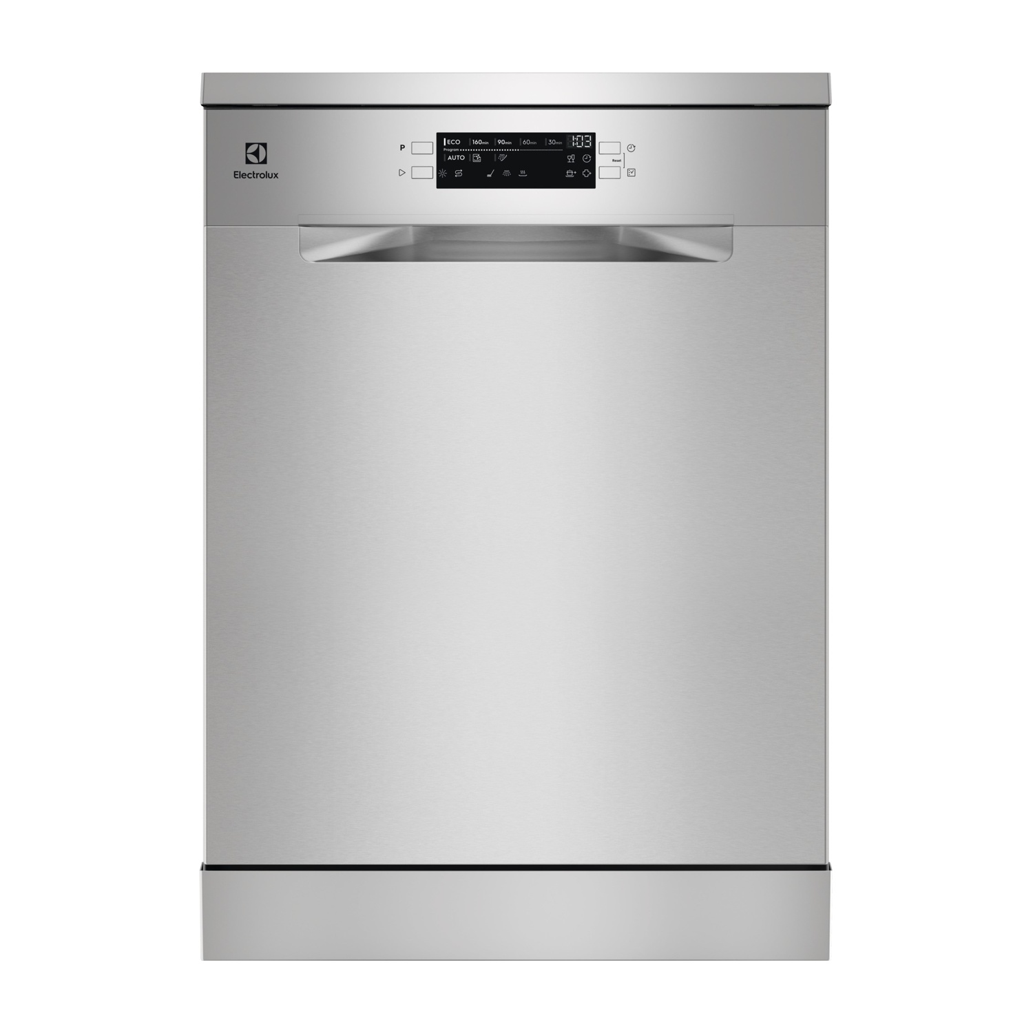 Una lavastoviglie Electrolux argentata con pannello display digitale.
