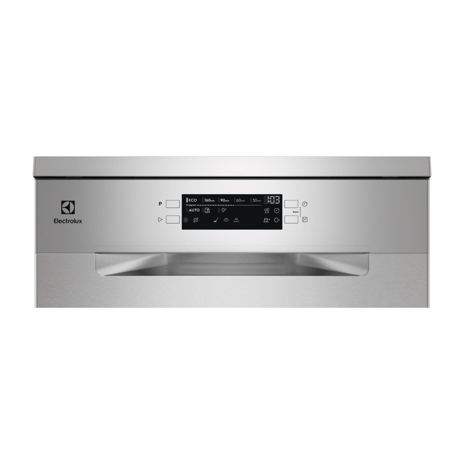 Pannello di controllo argento di lavastoviglie Electrolux con display digitale che mostra ora e opzioni programma.