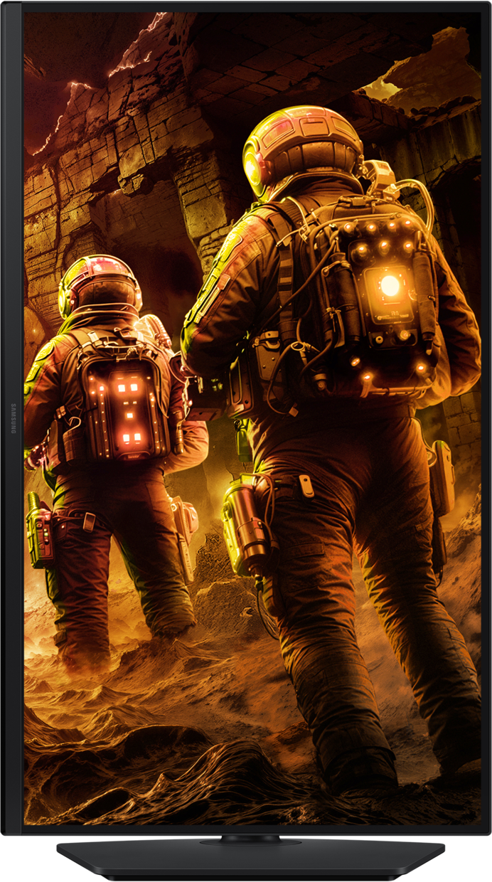 Deux astronautes en combinaisons orange avec sacs à dos explorent une grotte rocheuse orange.