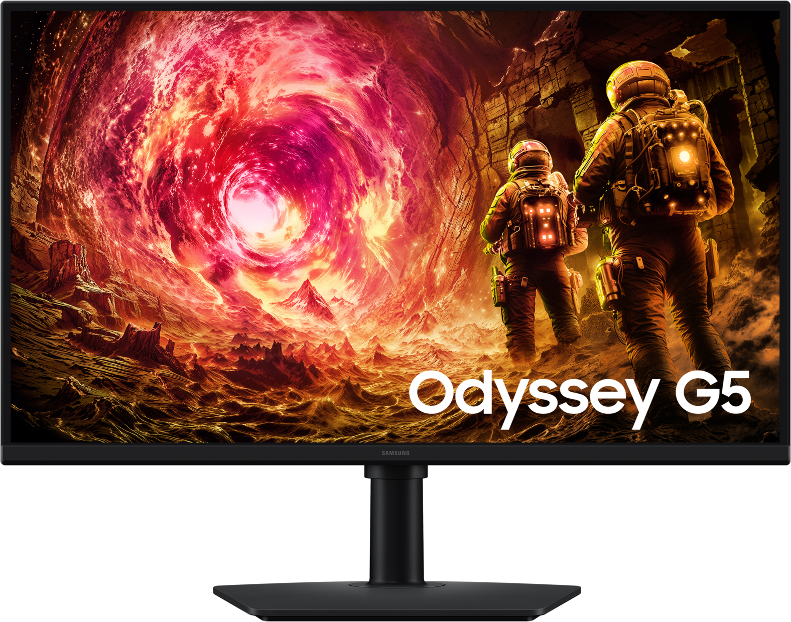 Deux astronautes devant un vortex rouge et jaune dans un paysage rocheux. Odyssey G5.