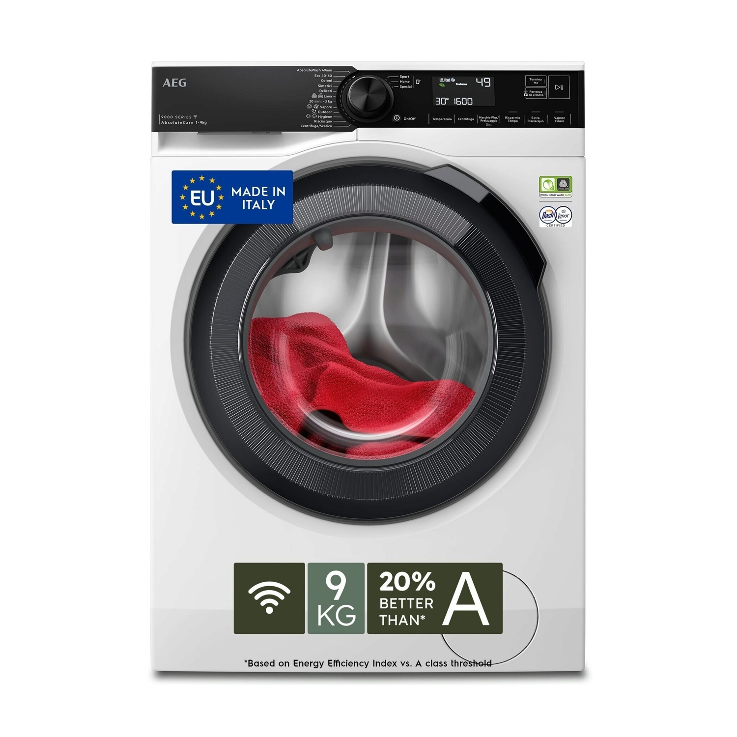 Lavatrice AEG bianca con panno rosso nel cestello. Efficienza energetica A.
