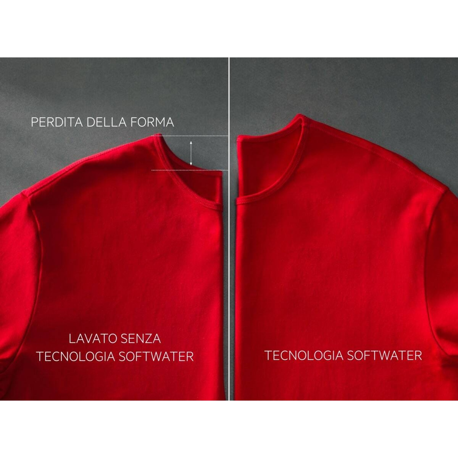 Vengono mostrate due magliette rosse. Una indica perdita di forma.