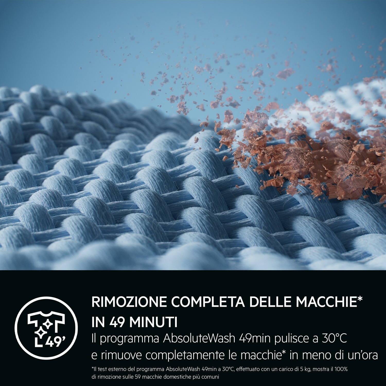 Fibre di tessuto con particelle marroni su sfondo blu.