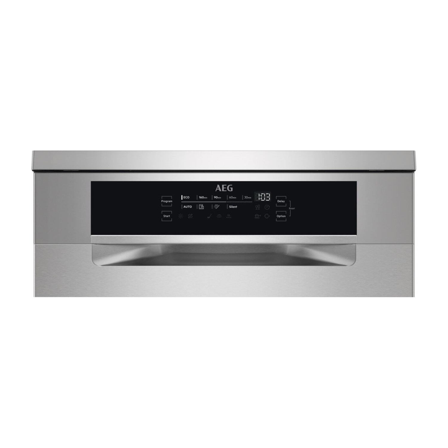 Pannello di controllo lavastoviglie in acciaio inox con display digitale e selezione programmi.