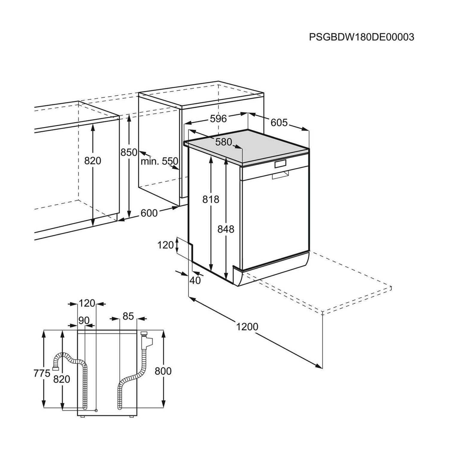 Disegno tecnico di una lavastoviglie con dimensioni e misure di installazione.