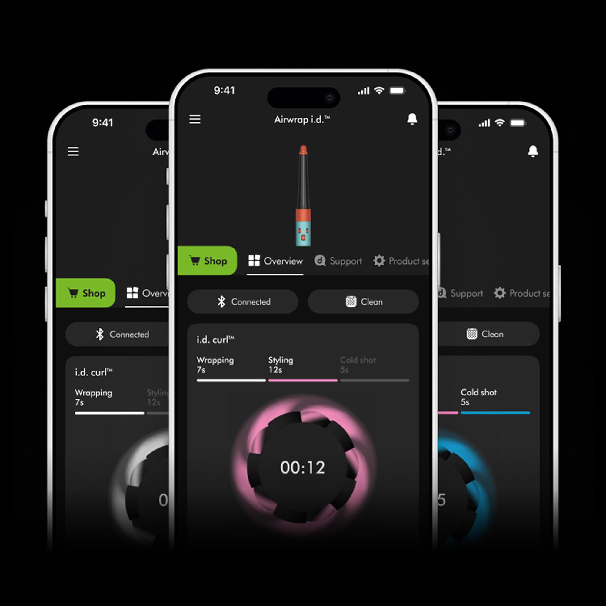 Drei Handybildschirme zeigen die Airwrap i.d. App mit Styling-Timern und Produktbildern.