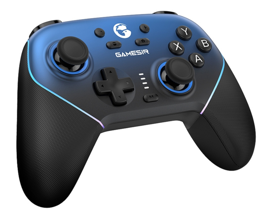 Niebiesko-czarny kontroler do gier z dwoma joystickami i przyciskami.