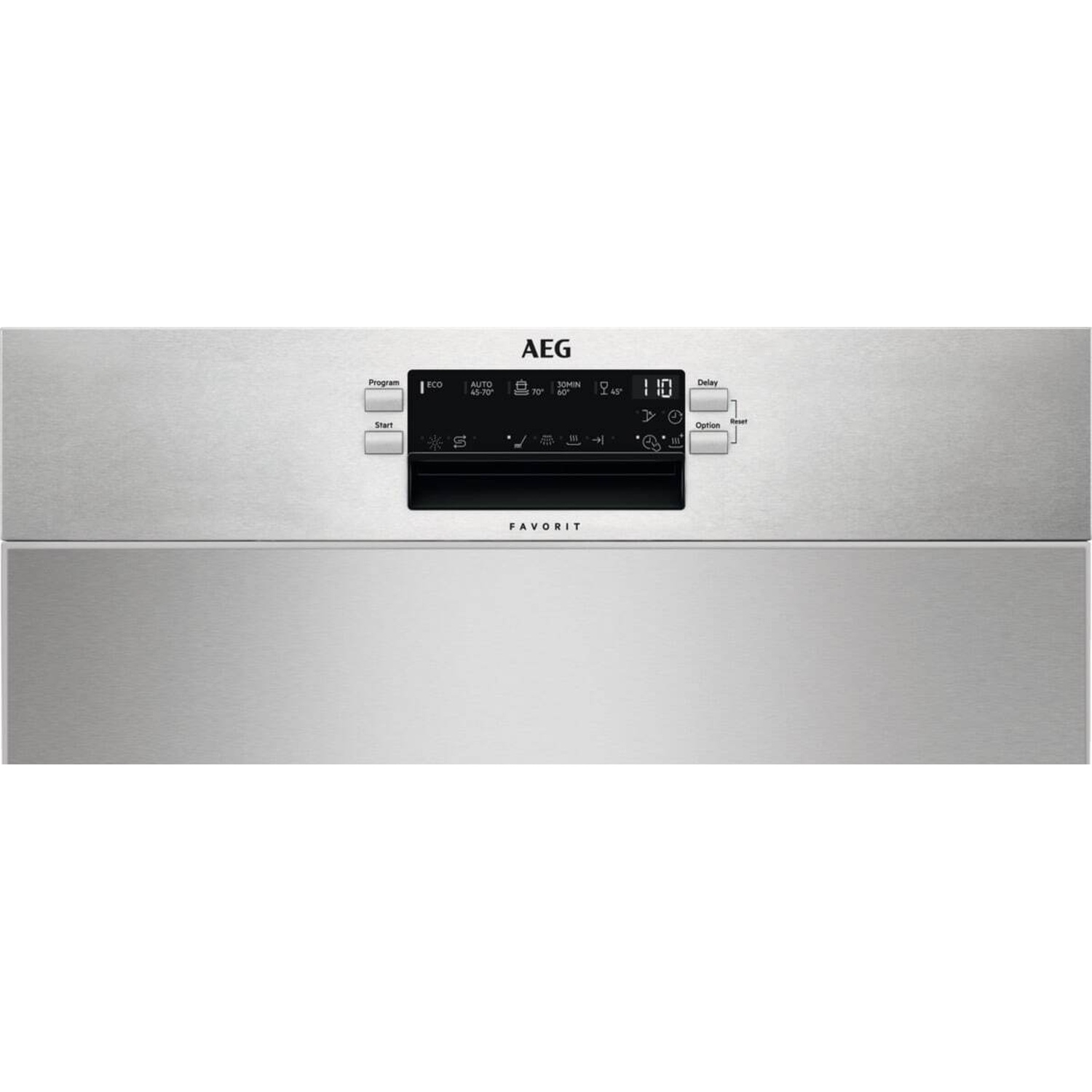 Frontale lavastoviglie in acciaio inox con logo AEG e pannello.