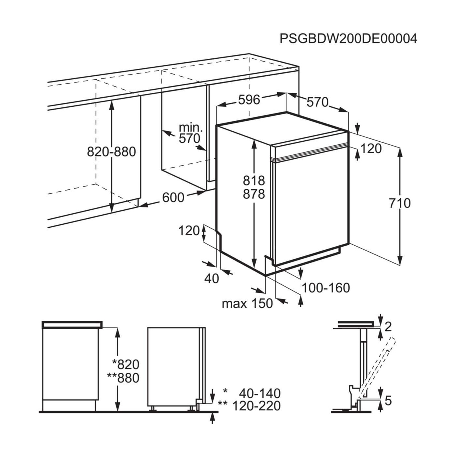 Disegno tecnico di una lavastoviglie con dimensioni e istruzioni di installazione.