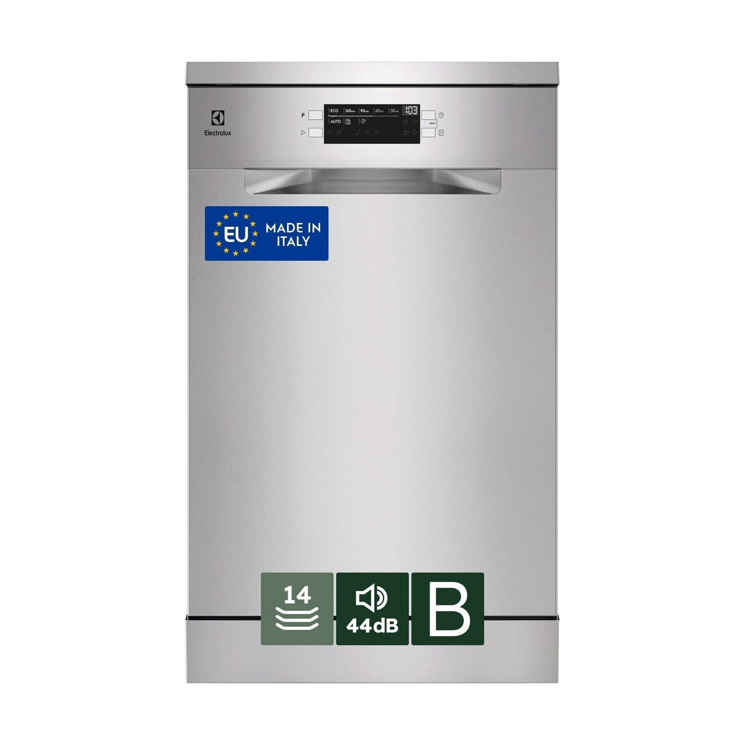Lavastoviglie Electrolux argento con pannello di controllo e adesivo UE Made in Italy.