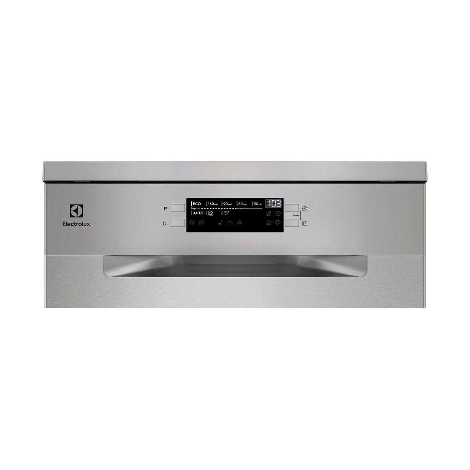 Fronte lavastoviglie in acciaio inox con display digitale e logo Electrolux.