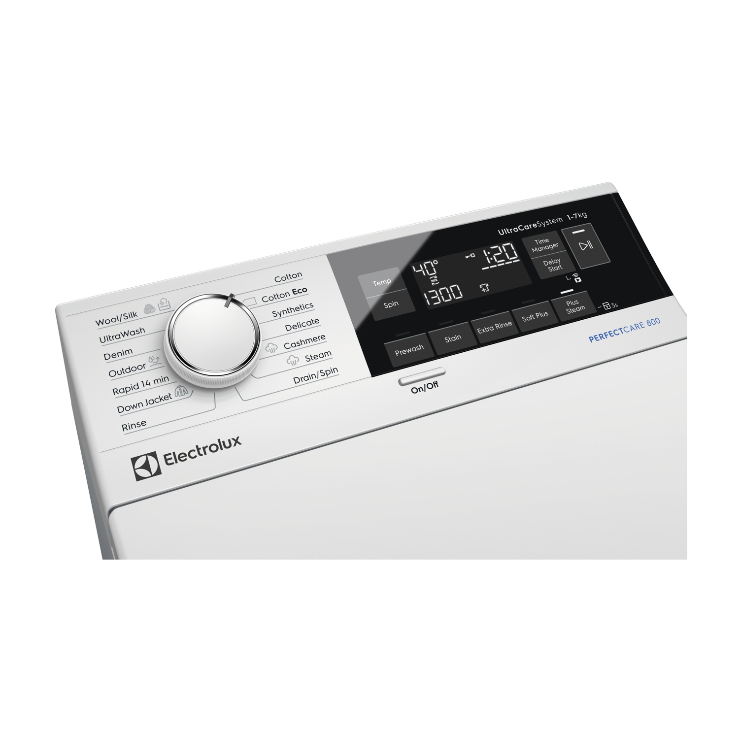 Una lavatrice bianca Electrolux con pannello di controllo e quadrante.