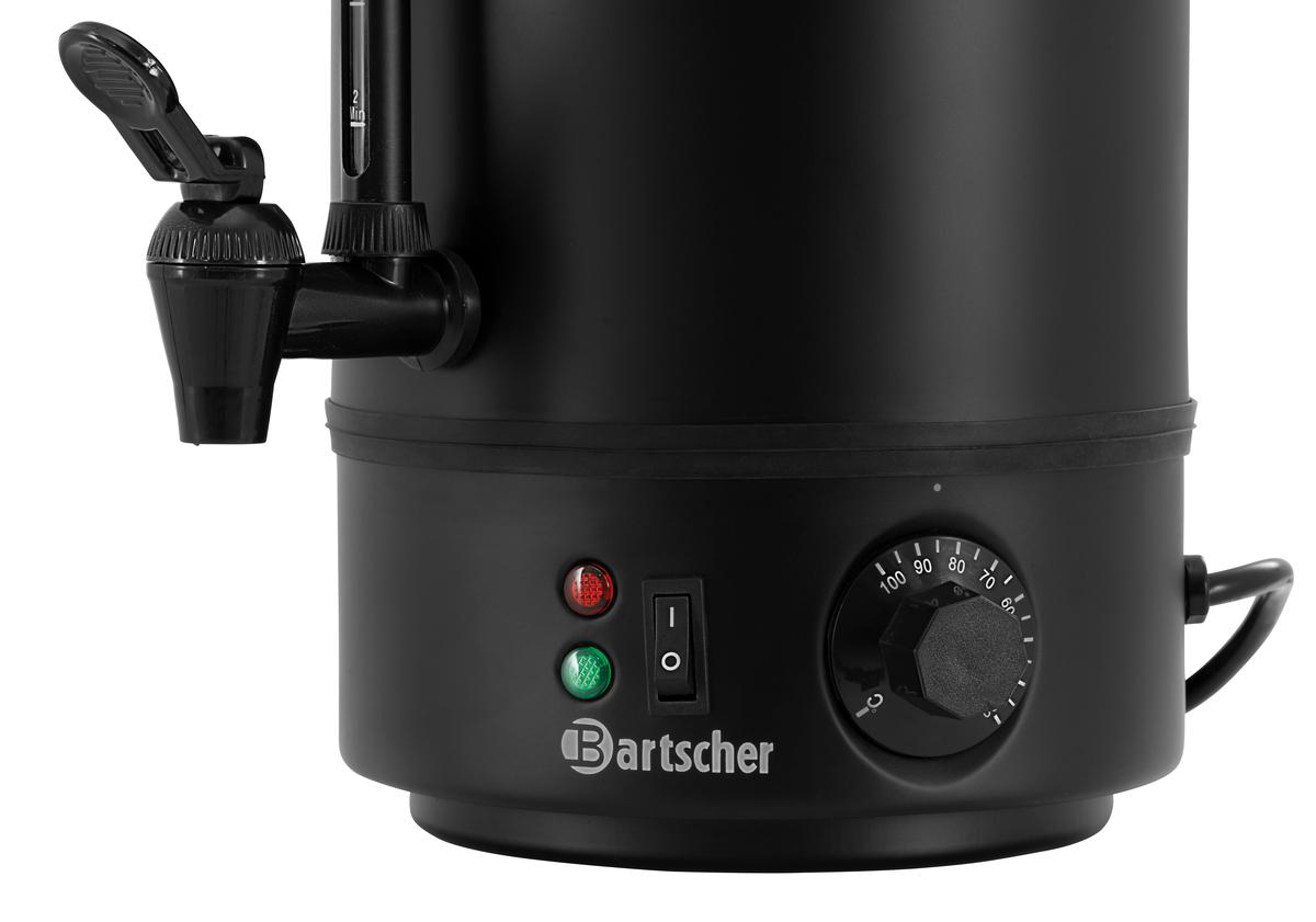 Schwarzer Wasserkocher mit Zapfhahn, Pegelanzeige, Schalter und Temperaturregler.