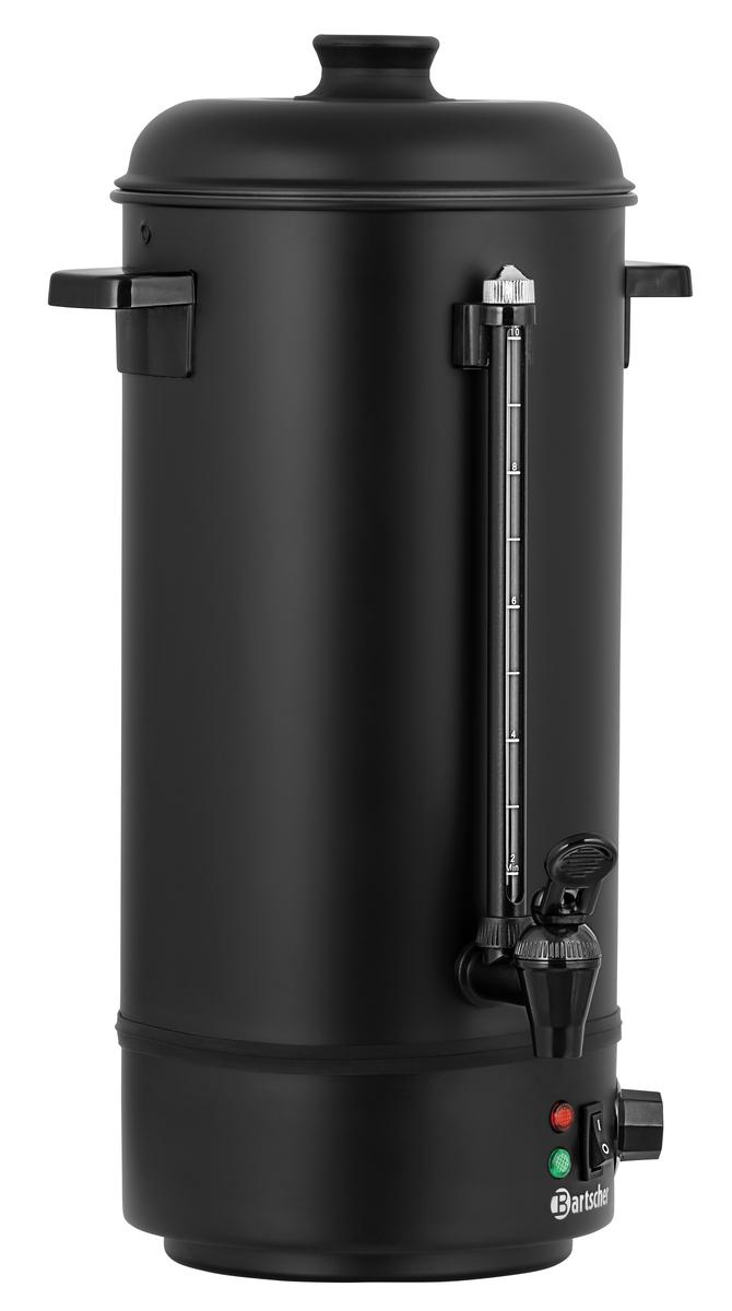 Schwarzer Wasserkocher mit Zapfhahn, Füllstandsanzeige und Bedienelementen.