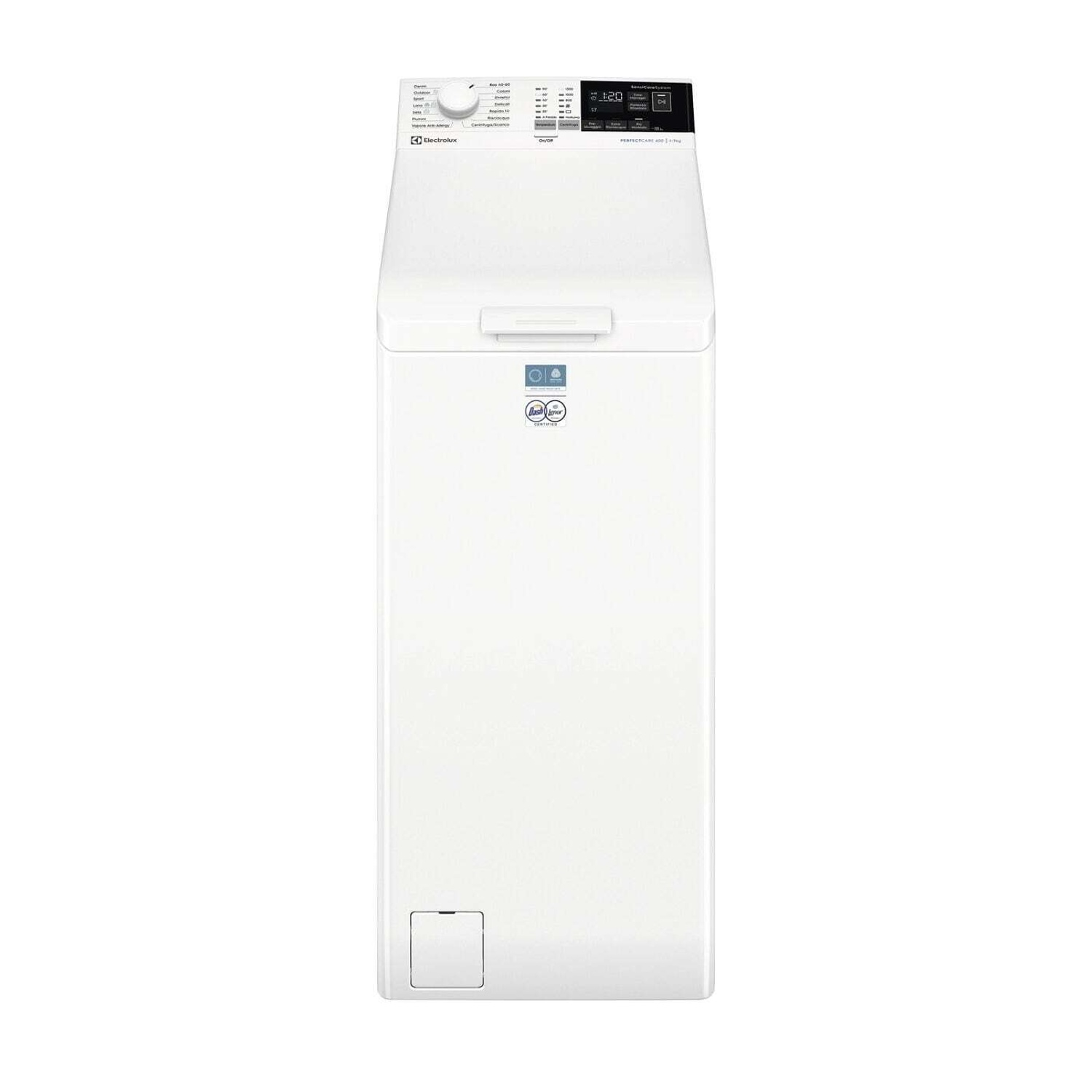 Lavatrice bianca Electrolux con display digitale e comandi sulla parte superiore.