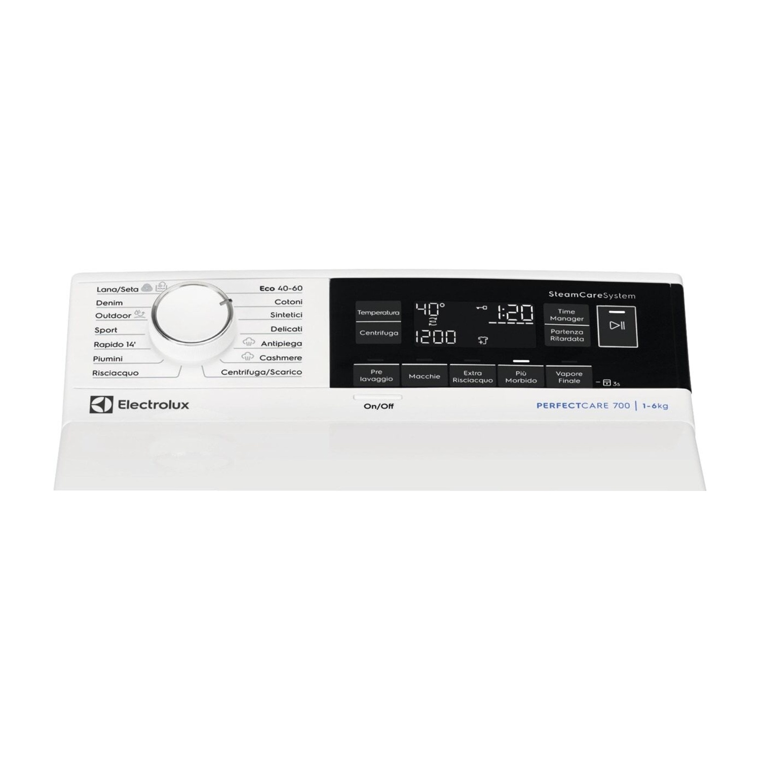 Pannello di controllo bianco lavatrice Electrolux con selezione programmi e display digitale.