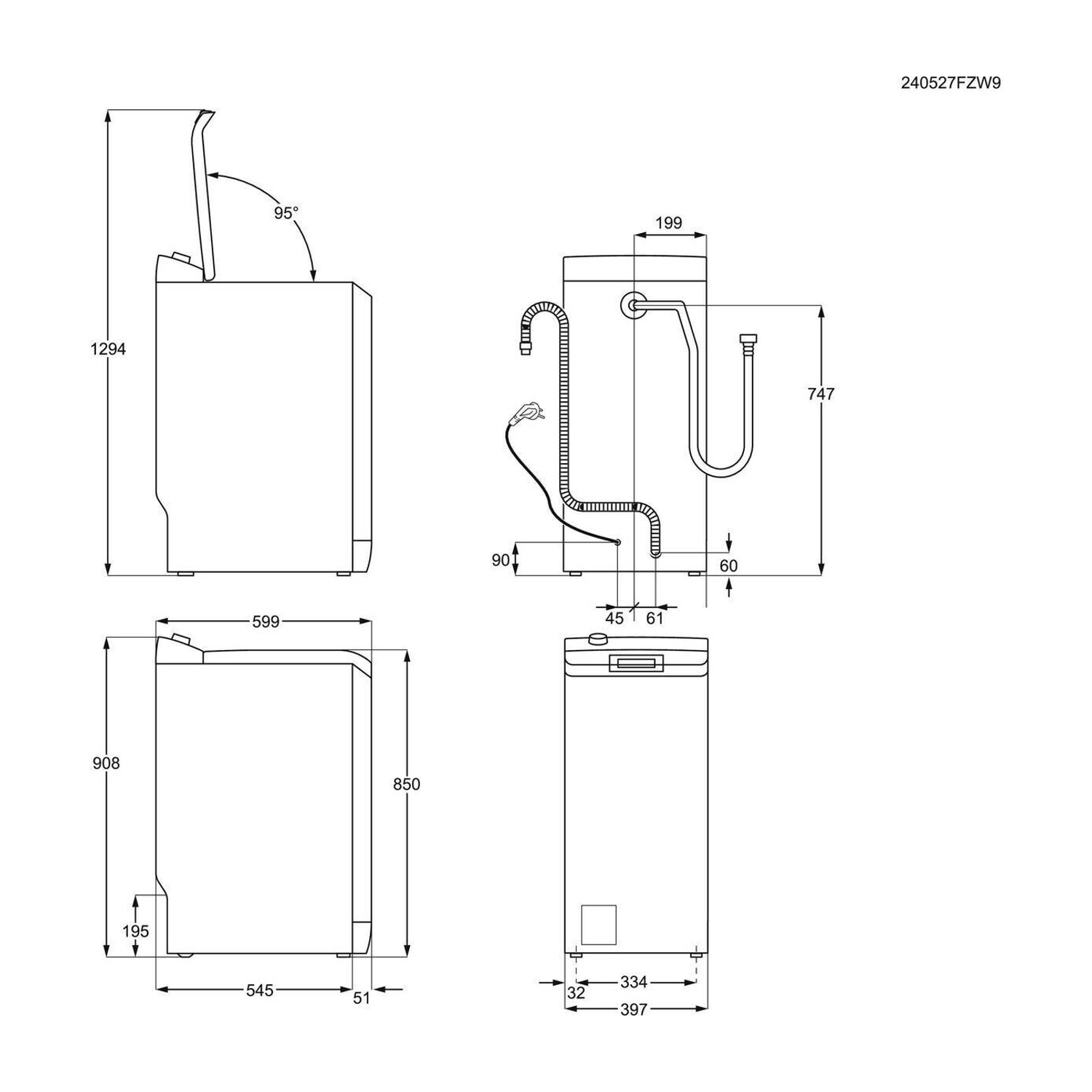 Disegno tecnico di una lavatrice con dimensioni.