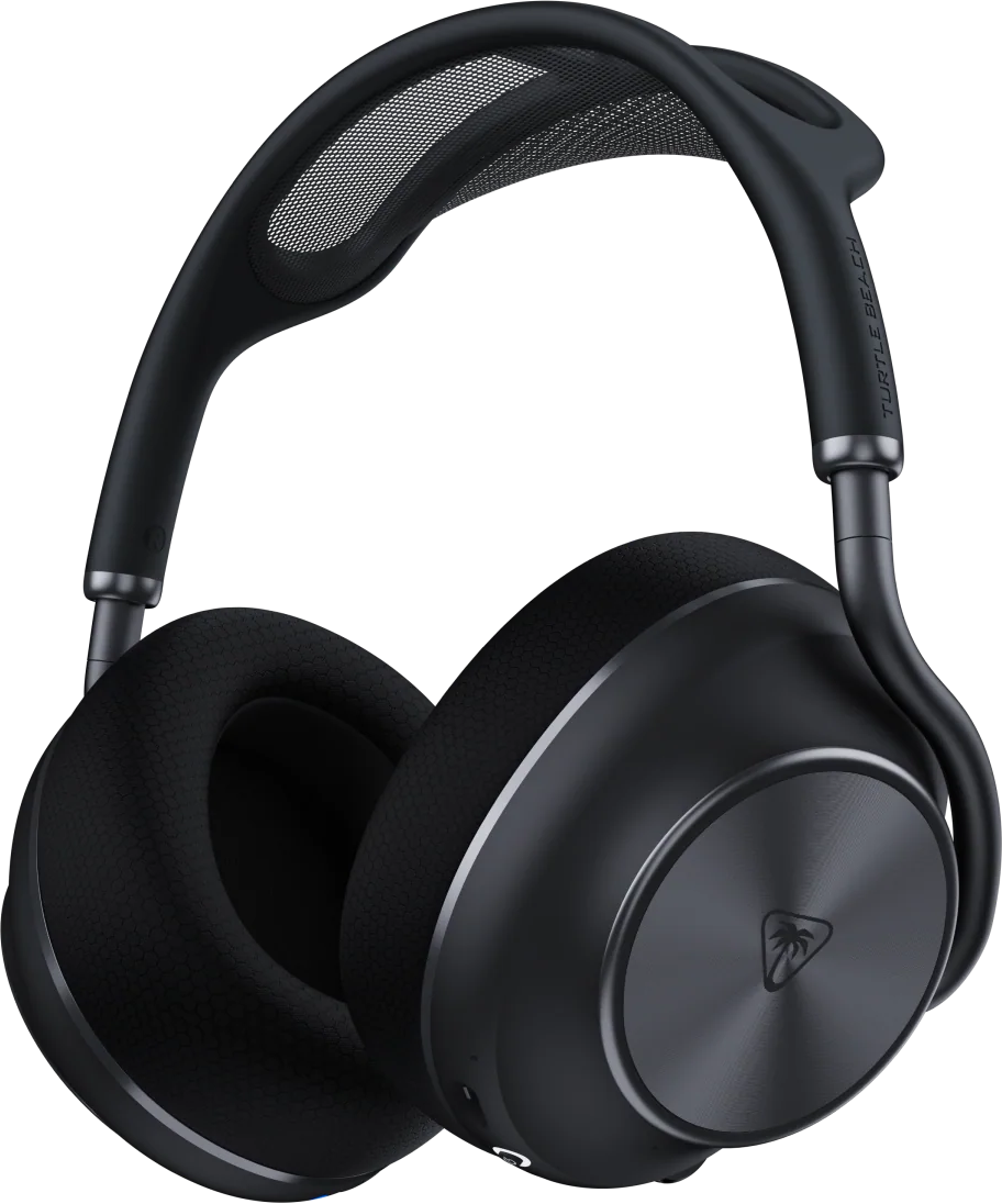 Casque circum-auriculaire noir avec accents argentés et un logo.