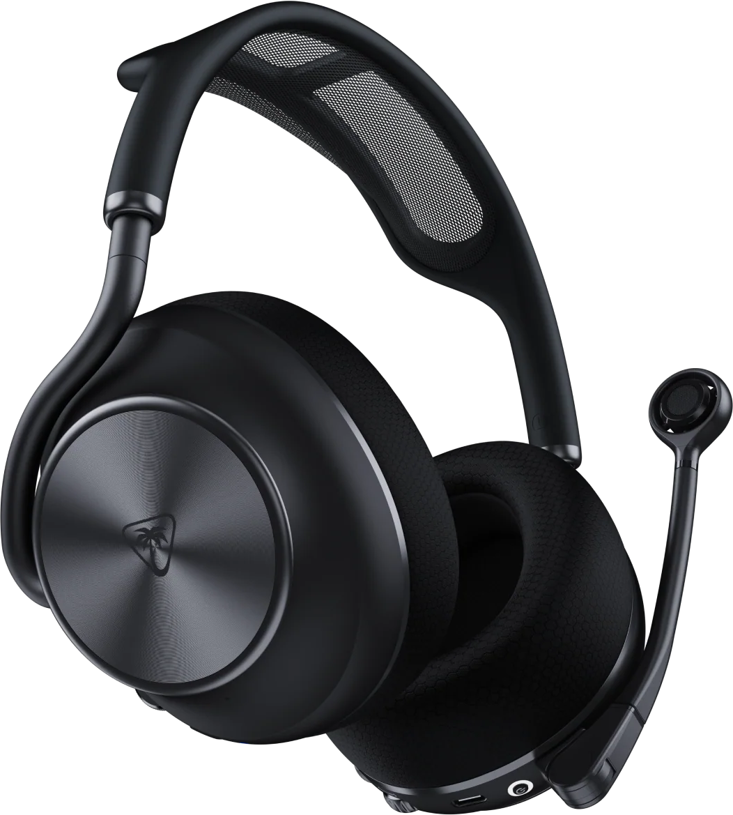 Casque circum-auriculaire noir avec microphone et logo sur le cache-oreille.
