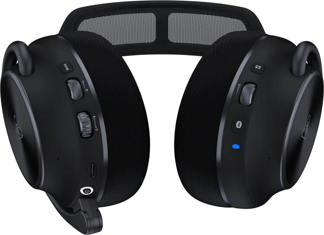 Casque supra-auriculaire noir avec microphone, commandes de volume et Bluetooth.