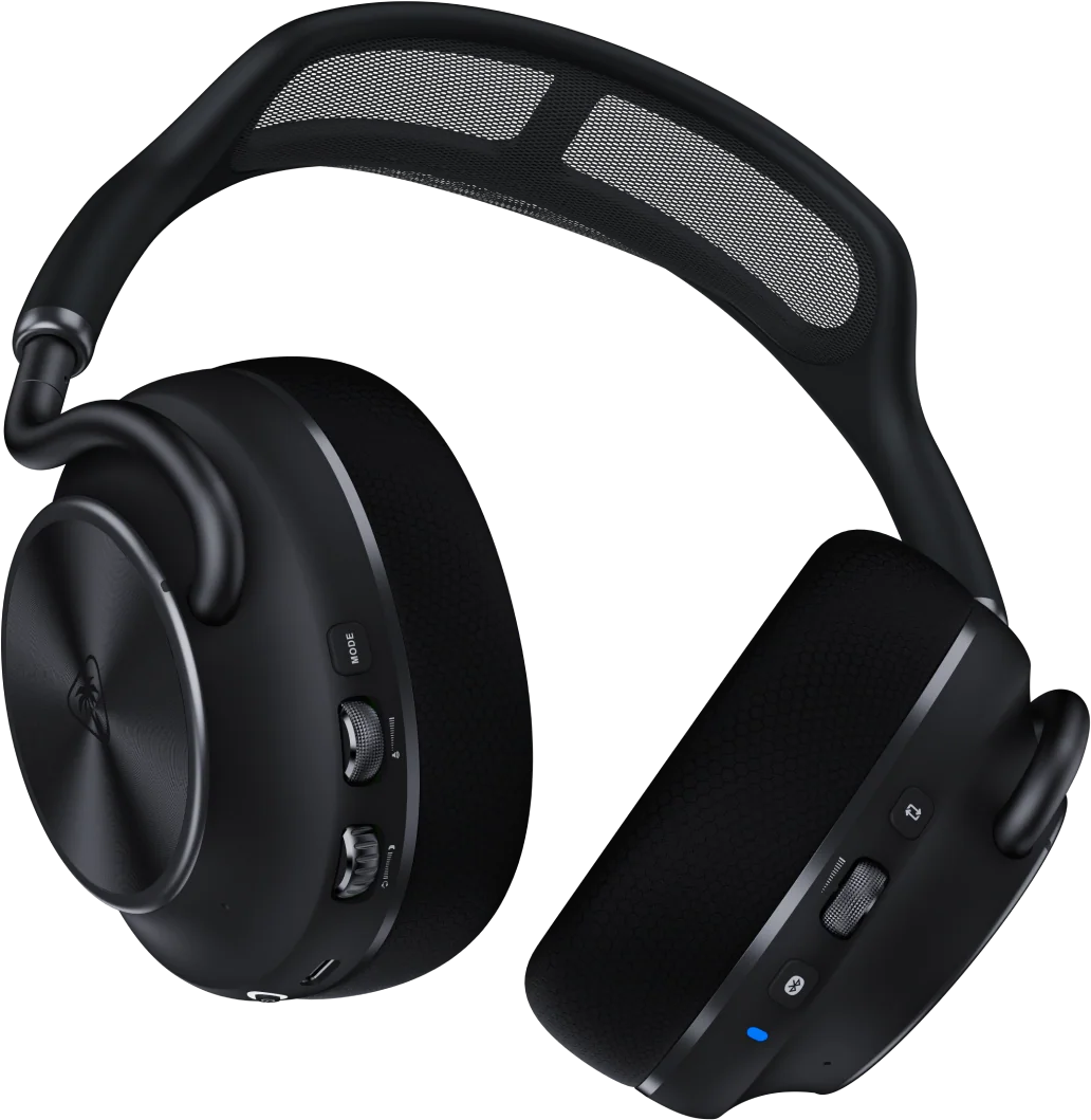 Casque circum-aural noir finition texturée, accents argentés. Boutons et molettes sur les écouteurs.