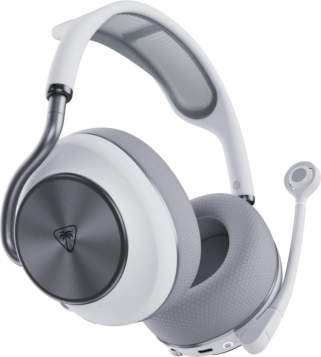 Casque blanc et gris avec microphone, isolé sur fond noir.